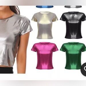 Shiny Black Metallic T-shirt Crop Top